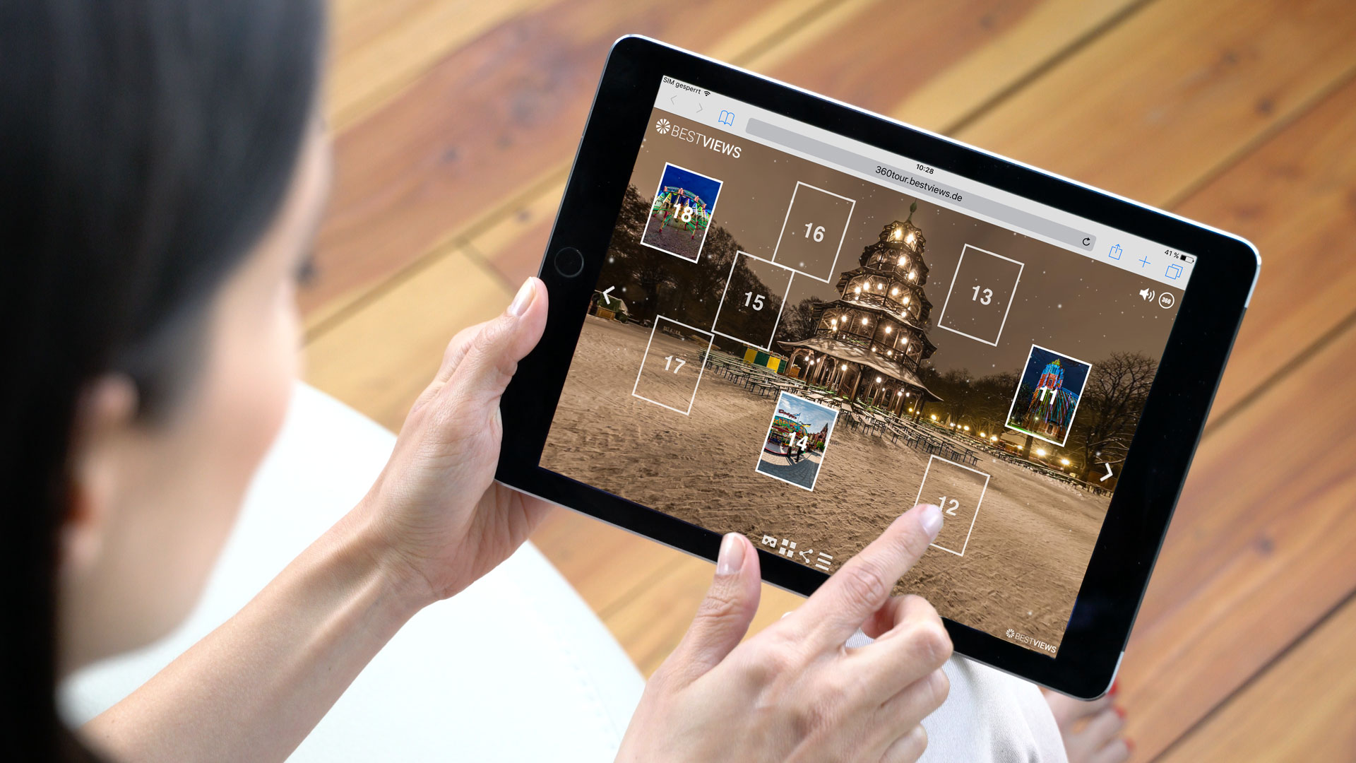 virtueller 360 Grad Adventskalender München bei Schnee mit dem Tablet live erleben